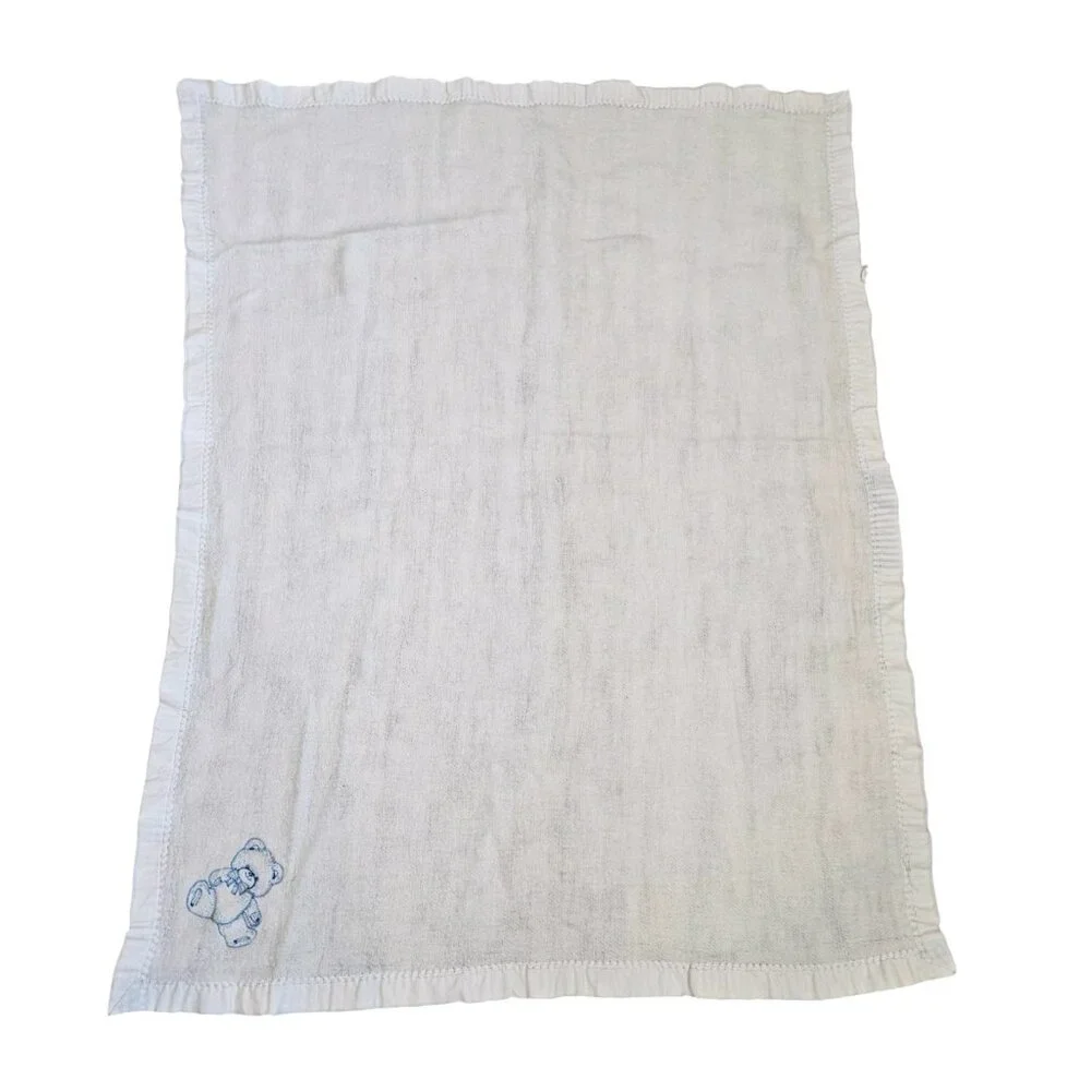 Vtg Gerber Baby Blanket White Blue‎ Teddy Bear Nylon Trim Knit Acrylic USA Made